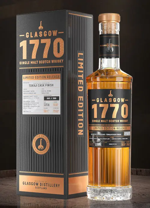 A display box and bottle of Glasgow 1770 Tokaji Single Cask Batch 01